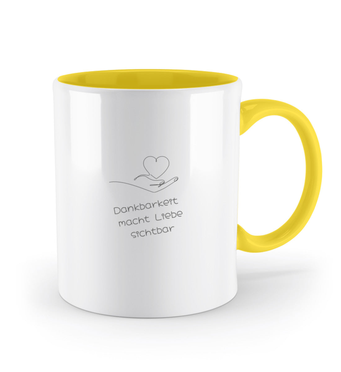 Keramiktasse mit C-förmigem Henkel und dem Spruch „Dankbarkeit macht Liebe sichtbar“ yellow