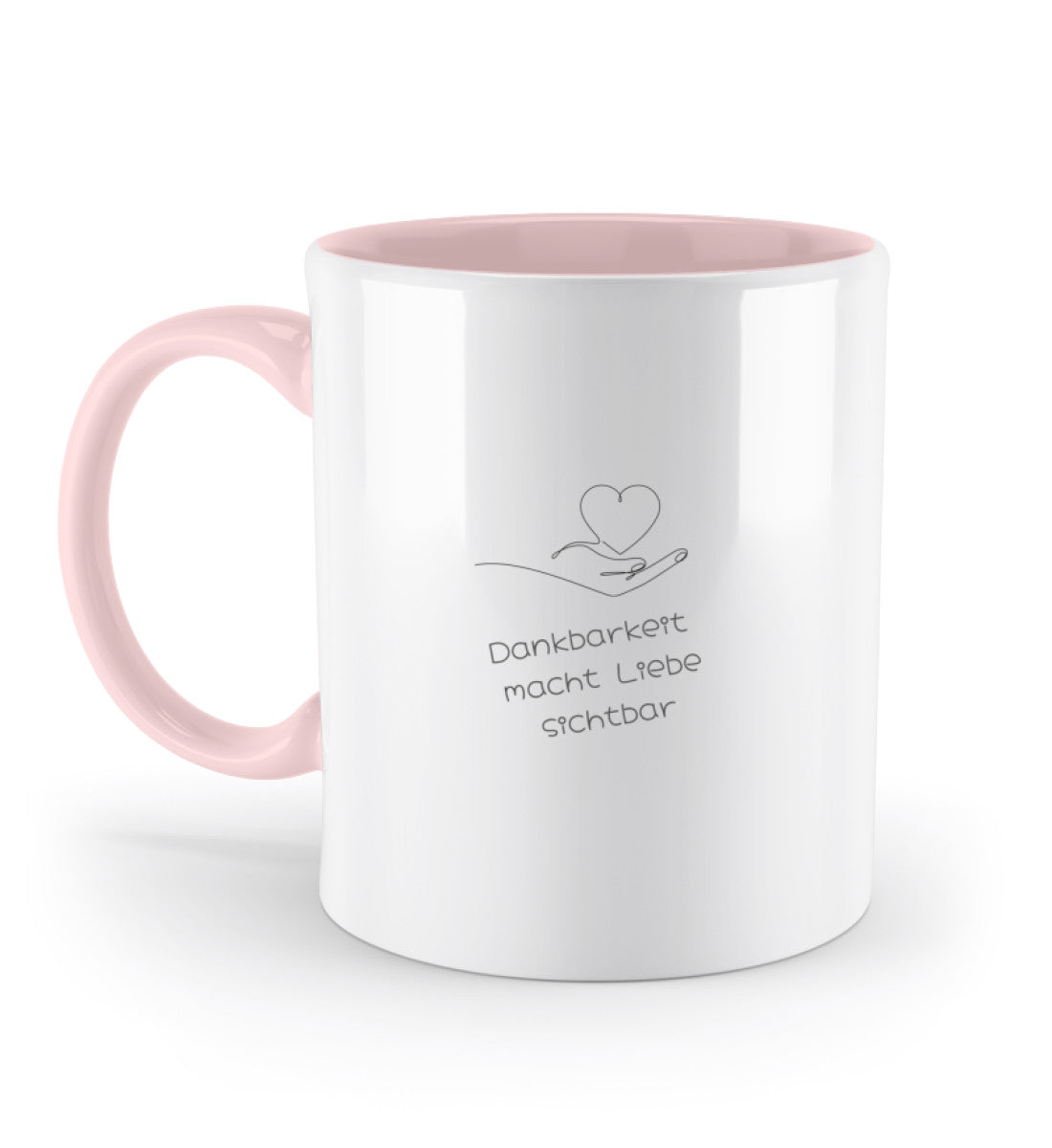 Keramiktasse mit C-förmigem Henkel und dem Spruch „Dankbarkeit macht Liebe sichtbar“ rosa