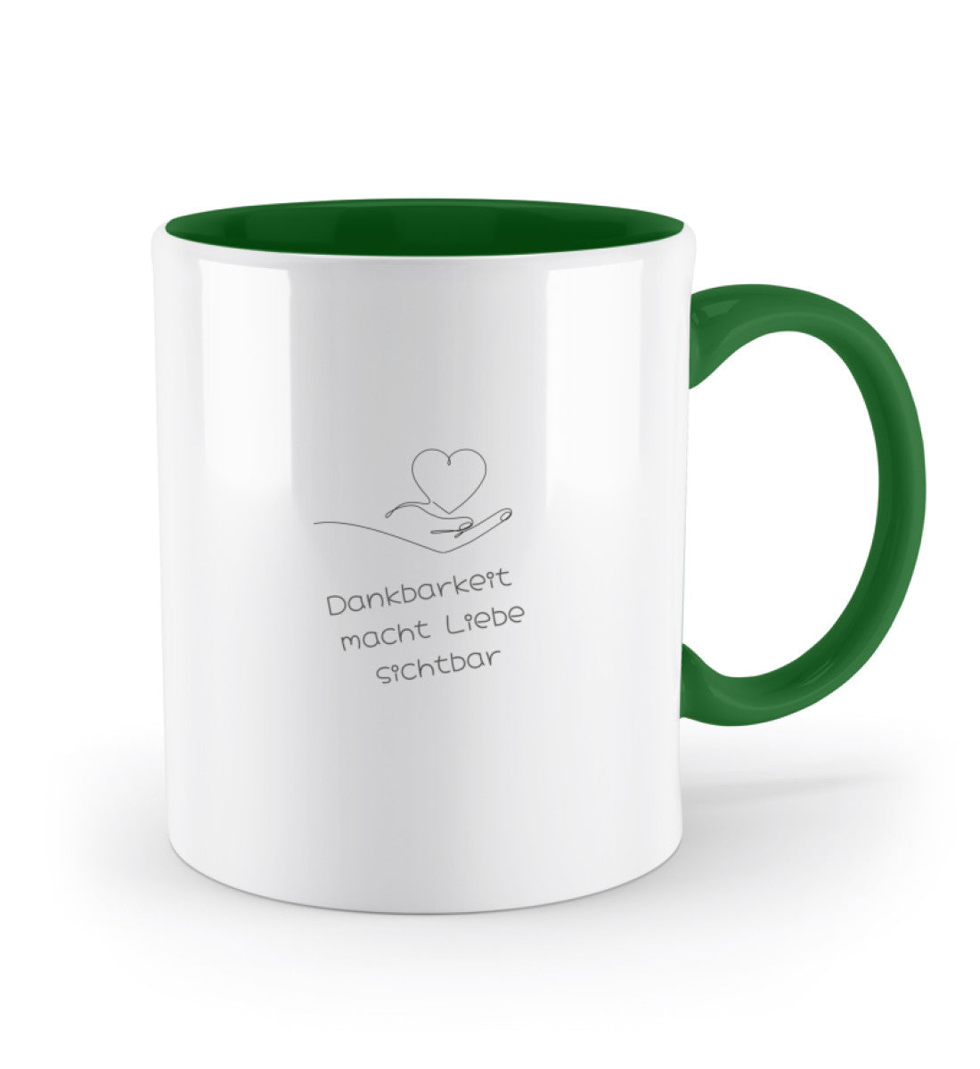Keramiktasse mit C-förmigem Henkel und dem Spruch „Dankbarkeit macht Liebe sichtbar“ green