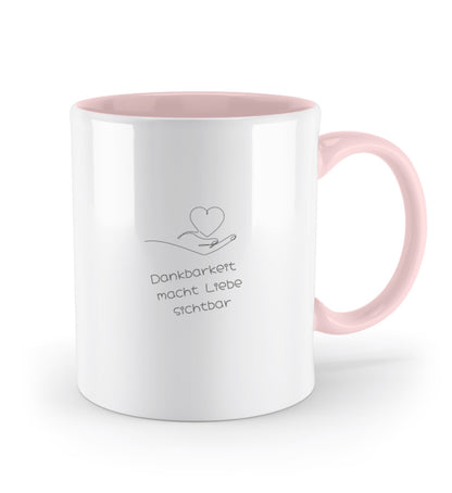Keramiktasse mit C-förmigem Henkel und dem Spruch „Dankbarkeit macht Liebe sichtbar“ pink