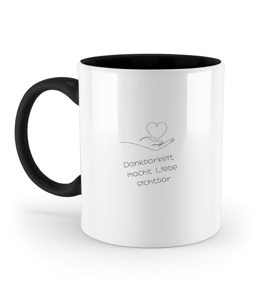 Keramiktasse mit C-förmigem Henkel und dem Spruch „Dankbarkeit macht Liebe sichtbar“ schwarz