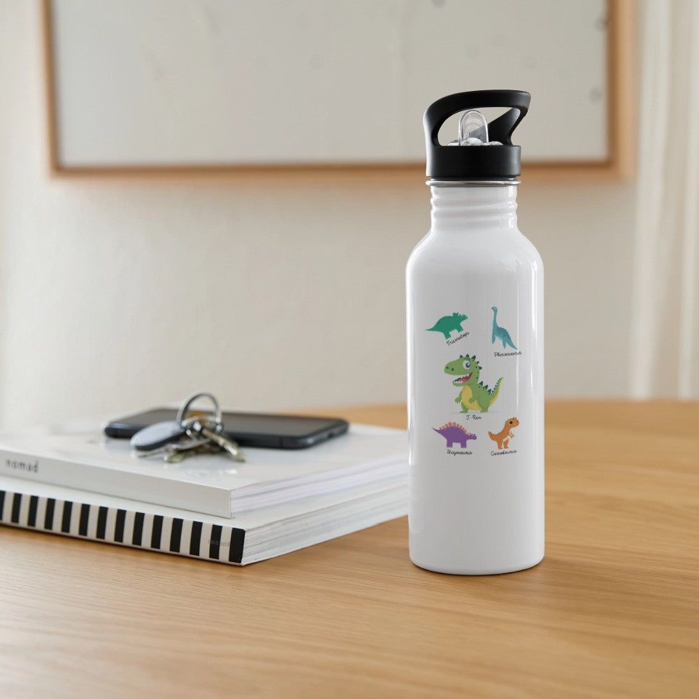 Seitliche Ansicht der Edelstahl Kinder Trinkflasche mit Dinosaurier Motiv