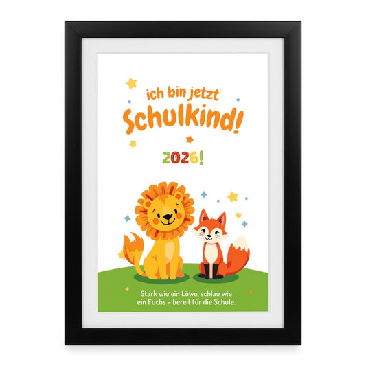 Gerahmtes Einschulung Poster 2026 mit Löwe und Fuchs im Kinderzimmer Schulkind Deko