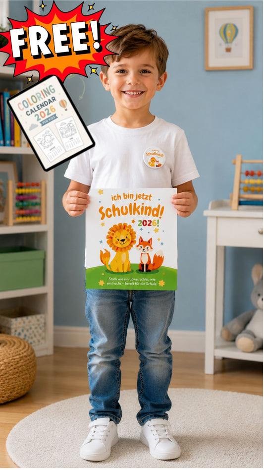 Kind mit Einschulungs-Button 2026 am T-Shirt und passendem Erinnerungs-Poster für die Einschulung.