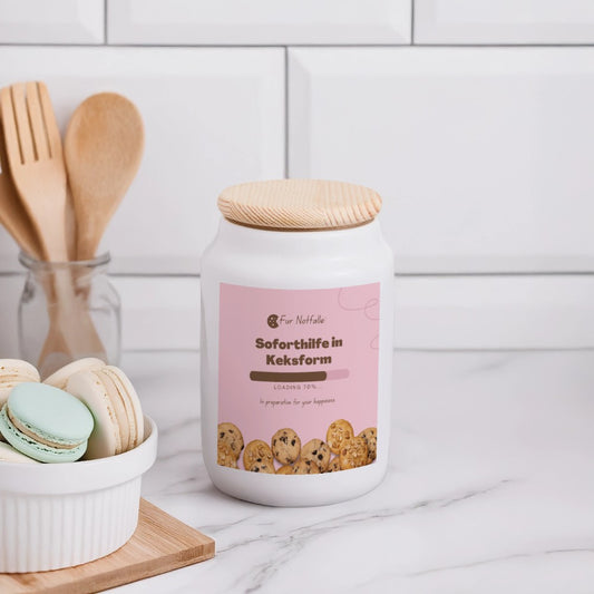 Keksdose mit Spruch Soforthilfe in Keksform – humorvolle Aufbewahrung