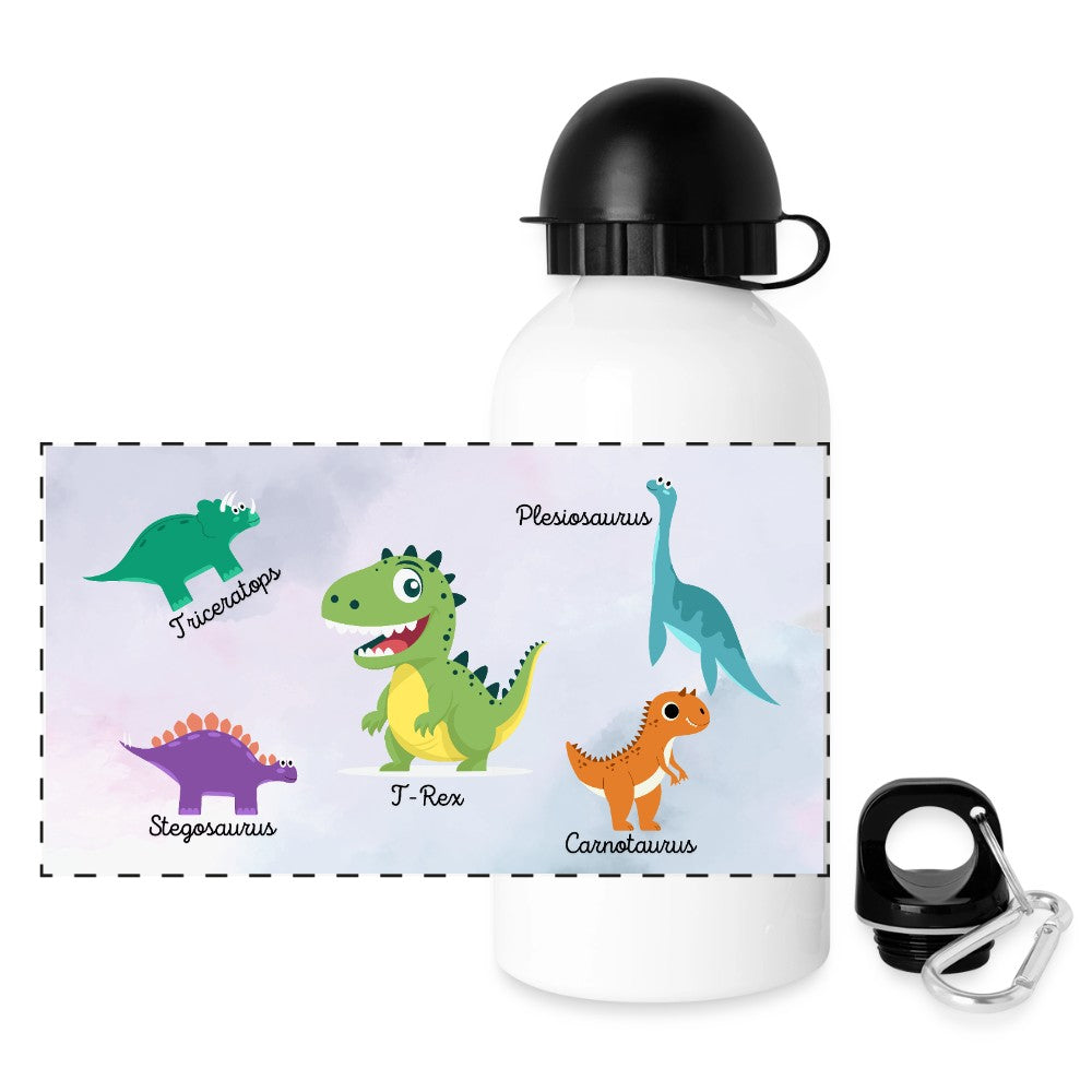 Detailaufnahme der Kinder Trinkflasche mit Dino Motiv und buntem Design