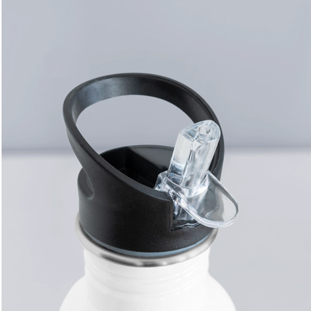 Geöffnete Kinder Trinkflasche mit integriertem Trinkhalm und Dinosaurier Design