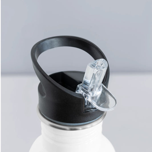 Geöffnete Kinder Trinkflasche mit integriertem Trinkhalm und Dinosaurier Design