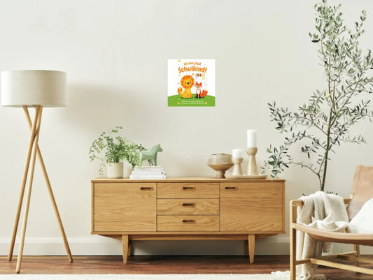 Kinderzimmer Poster Einschulung Löwe Illustration, Geschenk für Schulanfang, modernes Schulkind Bild 20x20 cm