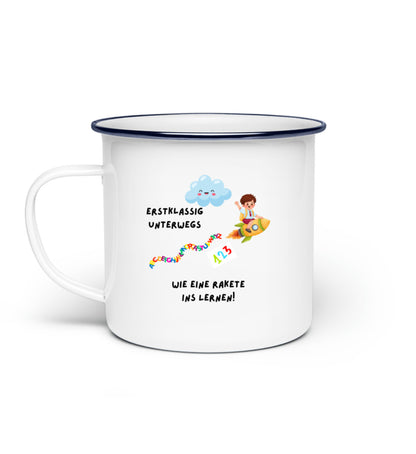Erstklassig unterwegs Tasse für Kinder mit Lernraketen Motiv Vorderseite Schulstart Geschenk