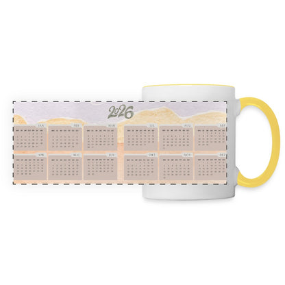 Rundum bedruckte Panorama Tasse mit Jahreskalender 2026