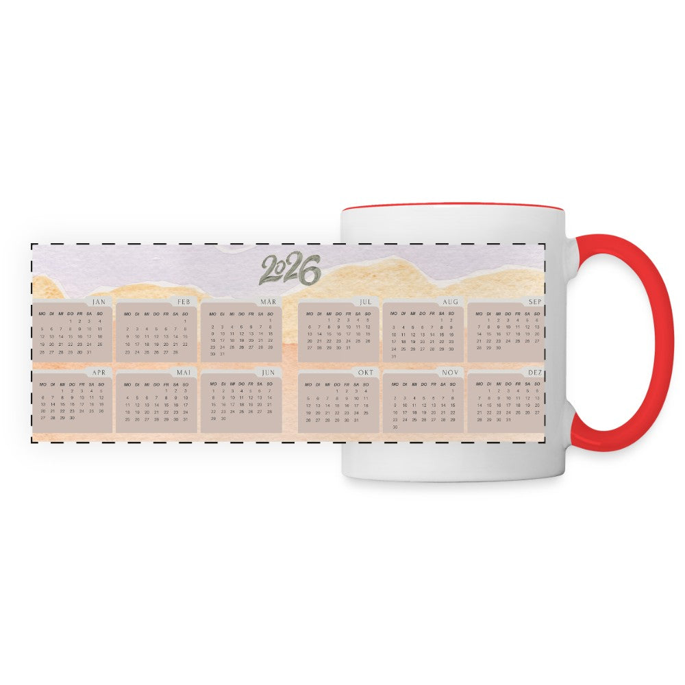 Rundum bedruckte Keramiktasse mit Kalender für das Jahr 2026