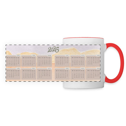 Rundum bedruckte Keramiktasse mit Kalender für das Jahr 2026