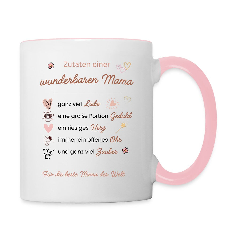 Nahaufnahme der Mama Tasse mit Zutaten Spruch