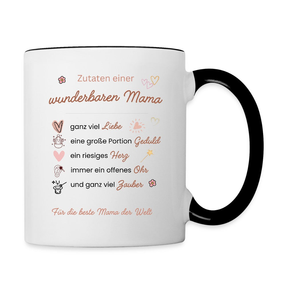 Tasse mit Spruch Zutaten einer wunderbaren Mama – Vorderansicht