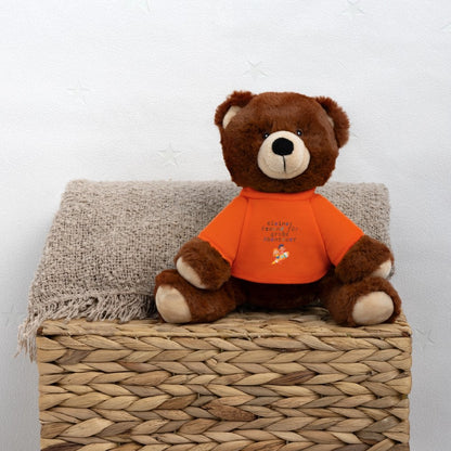Teddy Bär als Kuscheltier in Seitenansicht im Kinderzimmer - Goldenes Orange